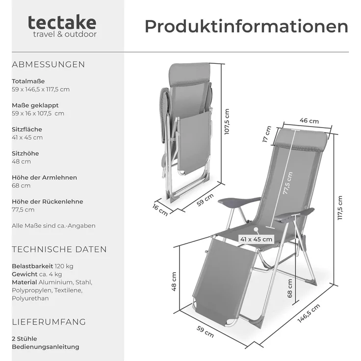 tectake® 2er Set Alu Sonnenliege Liegestuhl, Gartenstühle 5-Fach verstellbare Rückenlehne, Gartenliege mit Fußteil, leicht & klappbar, Relaxsessel mit Kopfpolster, für Camping Garten Balkon - grau – Bild 2