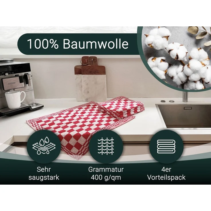 ZOLLNER Geschirrtuch, (Set, 4-tlg), 50 x 50 cm, 100% Baumwolle, vom Hotelwäschespezialisten – Bild 2