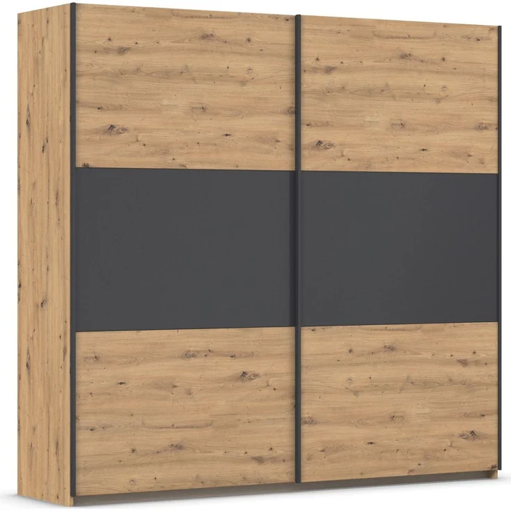 Rauch Möbel Neo, Schwebetürenschrank, Kleiderschrank, Kleiderschränke, Garderobe, Schrank mit Stauraum, 2-türig, Farbe Eiche Artisan/Grau-metallic, 218 x 210 x 59 cm – Bild 2