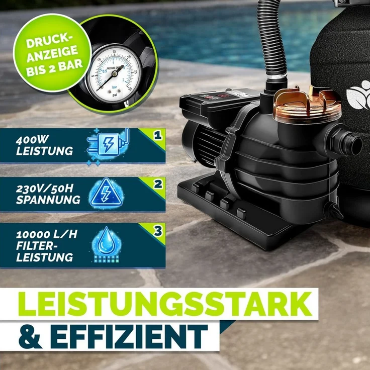 tillvex Sandfilteranlage 10 m³/h Filteranlage + 800g Filterbälle 7-Wege Ventil Poolfilter, Filterkessel mit Druckanzeige Sandfilter für Pool und Schwimmbecken – Bild 4