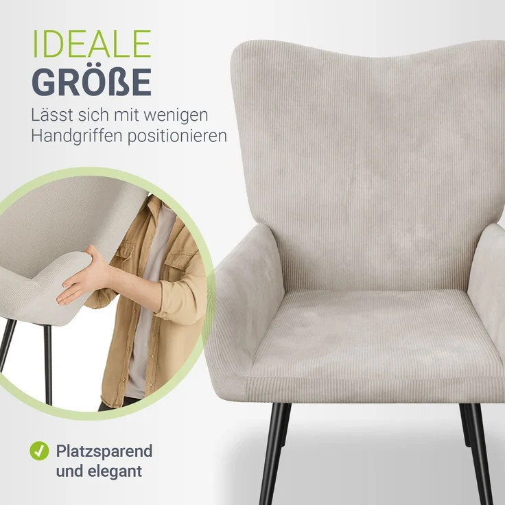 Juskys Ohrensessel Odense ohne Hocker, TV- & Lesesessel in Cord, hohe Lehne, Metallbeine, komfortabler Stoffbezug, pflegeleicht – Beige – Bild 3