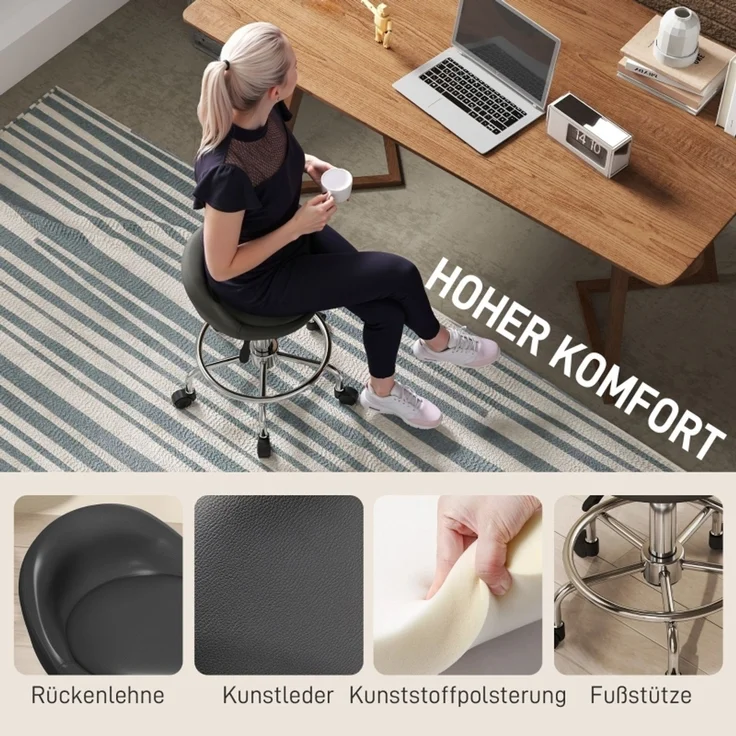 Rollhocker höhenverstellbar mit Rückenlehne Drehhocker 59-75 cm Arbeitshocker 360° drehbar Hocker Bürohocker für Büro Salon Massage Spa Schwarz--Schwarz--43x43x75cm--YOUDENOVA – Bild 5