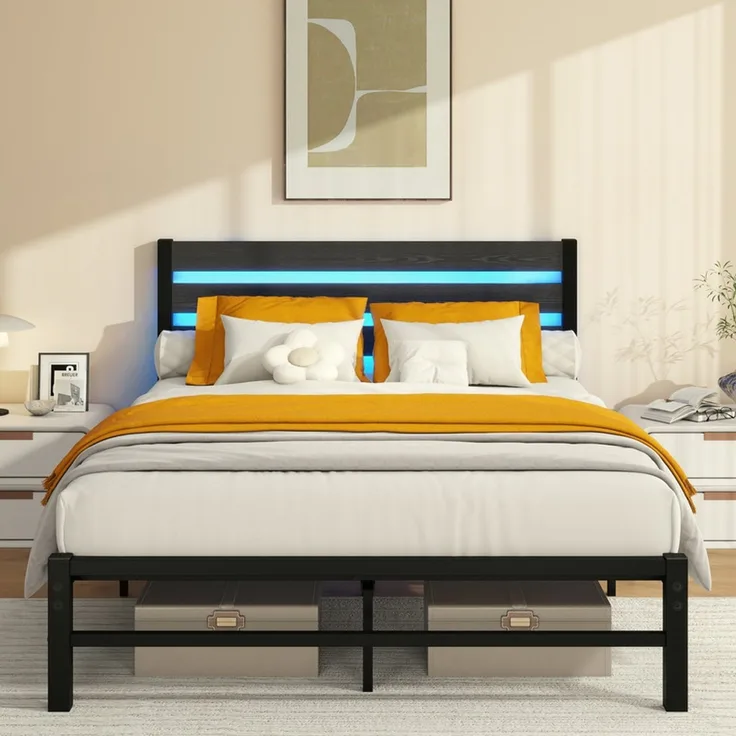 Homerecommend Metallbett 140x200 cm, Doppelbett und Jugendbett, mit MDF-Kopfteil, RGB-LED-Beleuchtung und 2 USB-Anschlüssen, Schwarz