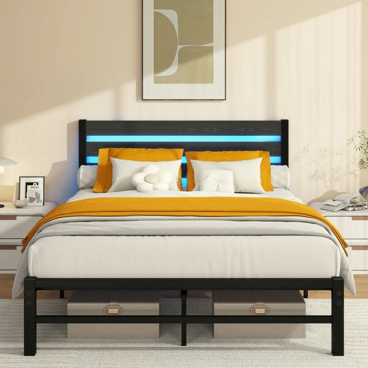 Homerecommend Metallbett 140x200 cm, Doppelbett und Jugendbett, mit MDF-Kopfteil, RGB-LED-Beleuchtung und 2 USB-Anschlüssen, Schwarz – Bild 1