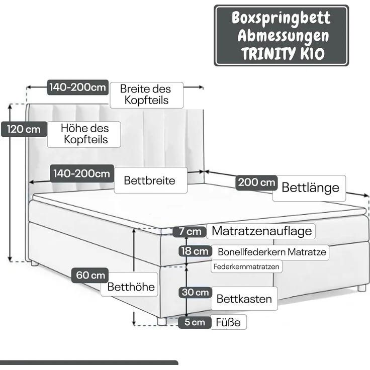 Best for Home Boxspringbett mit Bettkasten Trinity K-10 Bonellfederkern inkl. 7 cm Topper (Bonell-Matratze, gepolstertes Kopfteil, Doppelbett versch. Größen, 140x200 160x200 180x200 200x200 cm), Handwerksqualität, TOP Preis-Leistungs-Verhältnis – Bild 4