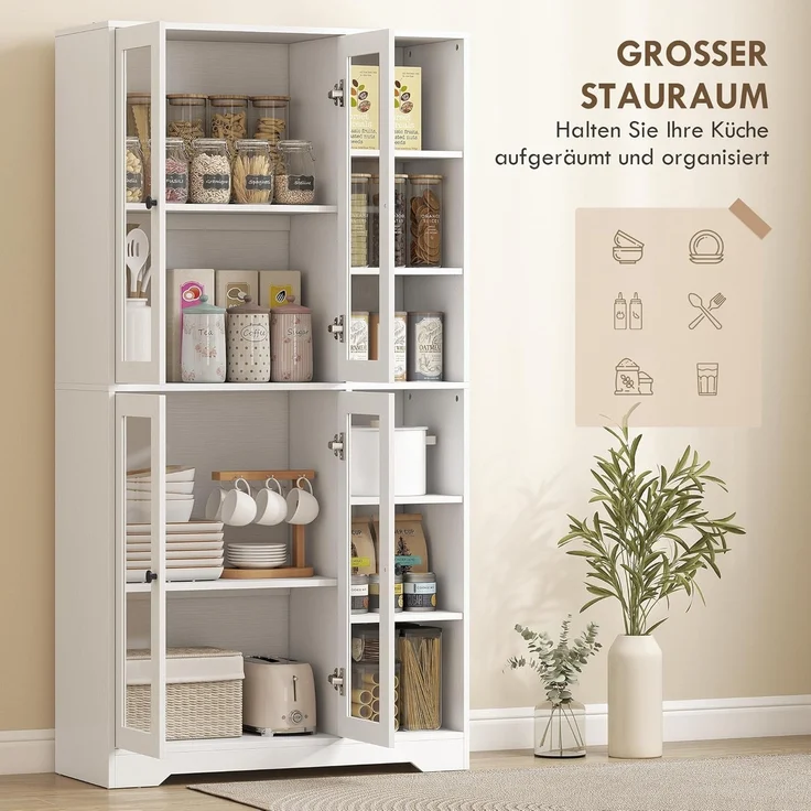 HOMCOM Küchenbuffet 172 cm groß (Schrank mit Glastüren, 1-St, Hochschrank) Großer Stauraum, Weiß – Bild 4