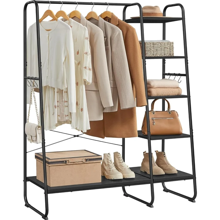 VASAGLE Kleiderständer, Garderobenständer, 45 x 120 x 160 cm Garderobe, Kleiderstange, Schuhablage, offener Kleiderschrank, 6 Haken abnehmbar, Schlafzimmer Flur, ebenholzschwarz-Mattschwarz RGR116B02 – Bild 1