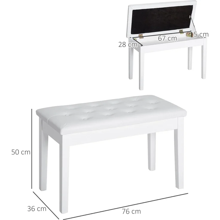 HOMCOM Klavierbank traditionellen Flurbank im Landhausstil kosmetischer Hocker Stauraum (Hocker, 1-St, Klavierhocker), Gummiholz, Kunstleder, Weiß, 76 x 36 x 50 cm – Bild 3