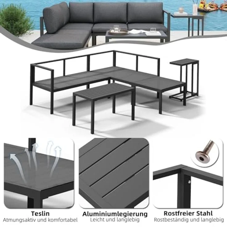 Melko Sitzgruppe Ecklounge Aluminium Beistelltisch Hocker Sitzgruppe wetterfest Grau, (UV-Beständigkeit, 5-tlg, Möbelset Anthrazit), Inkl. praktischen Beistelltisch, Hocker und wasserabweisenden Kissen – Bild 5