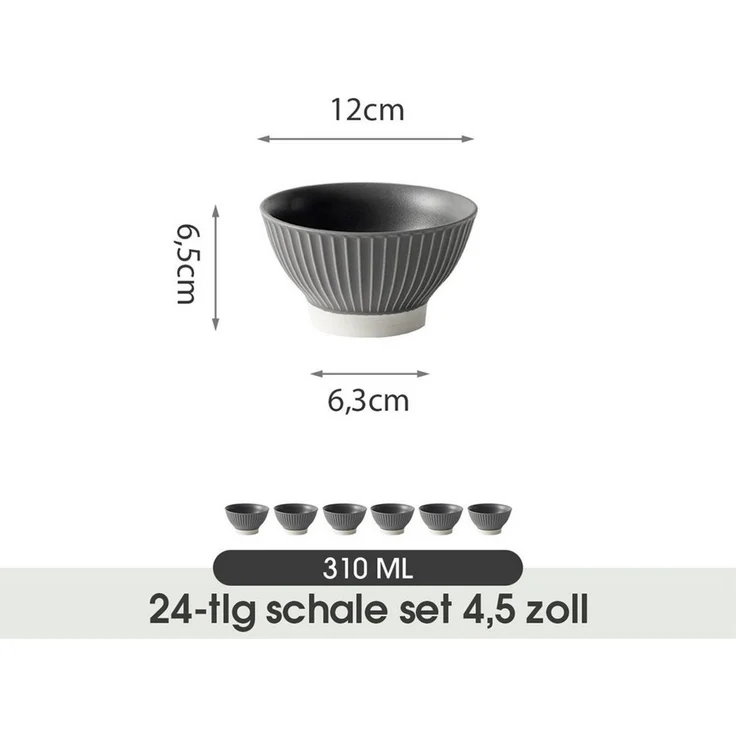 JIWOO Schale 6er Ø12cm, Müslischale Eisschale FrühstückSchale Dessertschale, Keramik, (Set, 24-tlg), Ø12 cm Hochwertiges Matt Schalen Grau Mikrowellenofen Spülmaschine – Bild 2