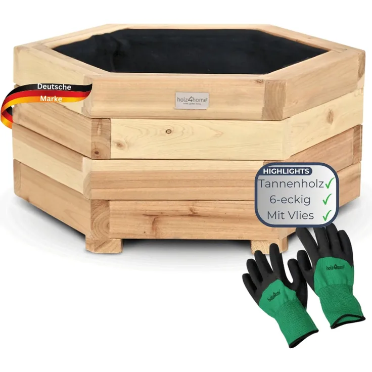 Pflanzkasten Holz 6-eckig MICHA - Inkl. Vlies und Handschuhe | Pflanzkübel Tannenholz Blumenkasten Blumenkübel Blumentopf Terrasse, 46cm Breit