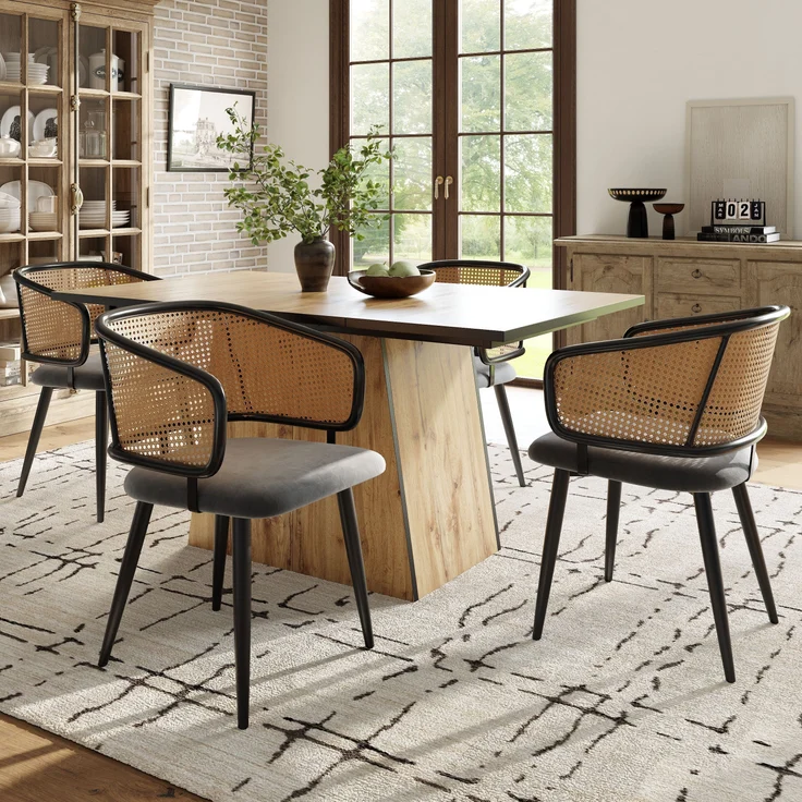 4 Esszimmerstühle mit Rattan-Rückenlehne & Samtkissen, 47x47x79 cm, Grau – Bild 1