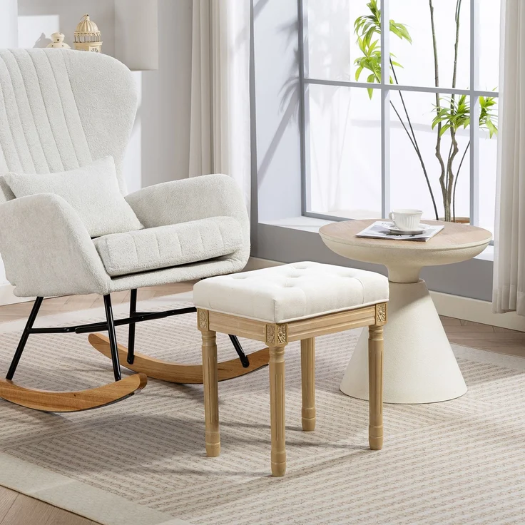MELAYR, Wohnzimmer-Hocker/Fußhocker, Gepolsterter Sitz in Leinenoptik, Beine aus Gummibaumholz, 42 x 32 x 46,5 cm, Beige – Bild 4