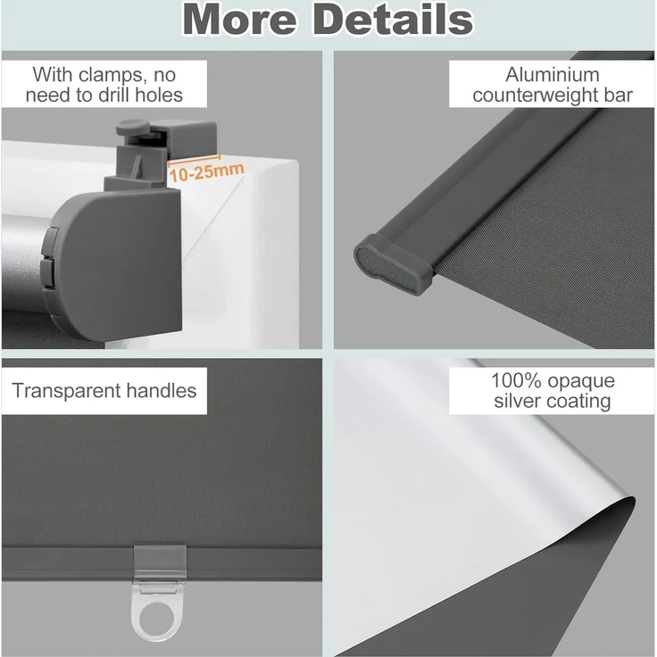 WOLTU Verdunkelungsrollo ohne Bohren, Klemmfix Thermorollo innen, Sicht- & Sonnenschutz Rollo, Schnurlos, Klemmrollo für Fenster & Türen, 70x150 cm, Anthrazit – Bild 6