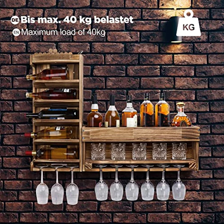 Yorbay Weinregal Weinregal aus Holz, Wandbar mit Korkhalter, Holzregal für Weingläser, Whiskygläser, Wandmontage Wand Flaschenhalter Vintage Stil für Hausbar – Bild 9
