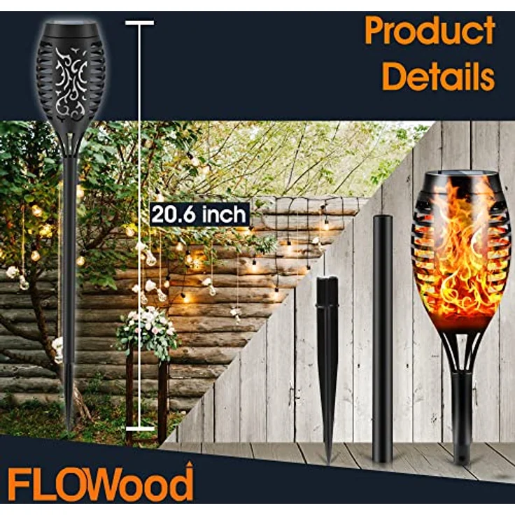 FLOWood Solarleuchten für Außen Garten, 6 Stück, 12LED Solarlampe für Außen Solar Fackel Gartenfackeln, IP65 Wasserdicht Solarlampe, Weg, Hinterhöfe, Rasen1 – Bild 4