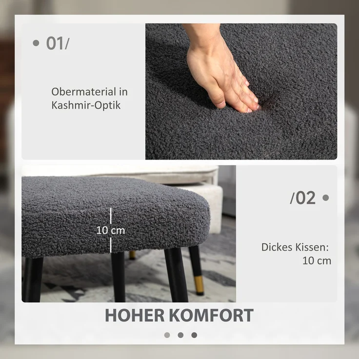 Hocker, Fußstütze, gepolsterter Sitz, Kaschmir-Optik, Stahlbeine, 42 x 42 x 44 cm, Dunkelgrau--Dunkelgrau--42x42x44cm--YOUDENOVA – Bild 6