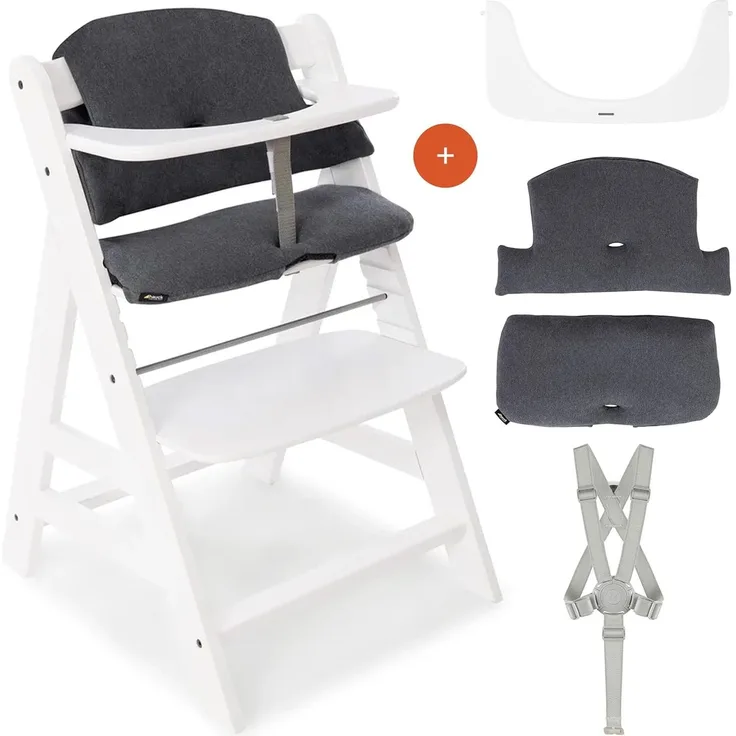 Hauck Hochstuhl Alpha Plus - Mitwachsender Holz Kinderhochstuhl mit Gurt, Schutzbügel und Sitzkissen