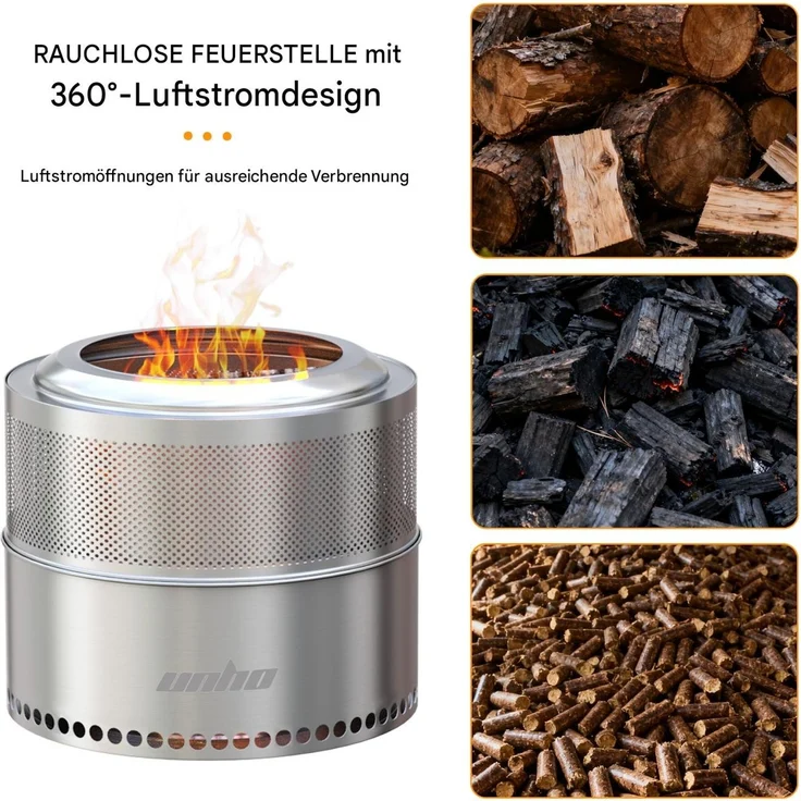 UNHO Feuerschale mit Grillrost Feuerkorb 2in1 mit Tragetasche Edelstahl Silber Ø50 cm – Bild 7