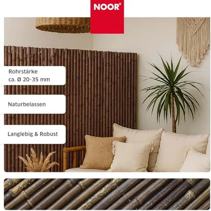NOOR Bambusmatte Black Edition 1,00x2,50 m I Natürliche Bambus-Sichtschutzmatte mit durchbohrtem Draht für maximale Stabilität I Terrassen- und Balkonwindschutz – Bild 4