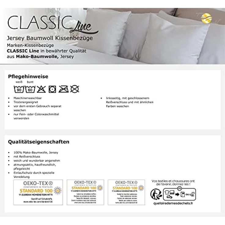 aqua-textil Classic Line Baumwoll Kissenbezug 2er-Set 80 x 80 cm Aqua blau Kissen Bezug Reißverschluss Jersey Kissenhülle – Bild 6