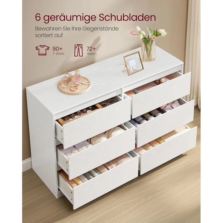 VASAGLE 'Kailyn Kollektion' Kommode mit 6 Schubladen, Aufbewahrungsschrank, Wäschekommode, für Schlafzimmer, modern, schneeweiß, 40x119,4x75 cm – Bild 3