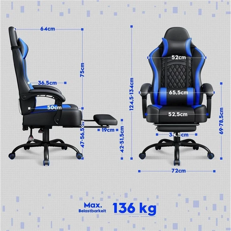 Yaheetech Gaming-Stuhl mit Massagefunktion & Kopfstütze & Fußstütze Ergonomischer PC-Stuhl, höhenverstellbarer Drehstuhl Computerstuhl Verstellbare Rückenlehne – Bild 3