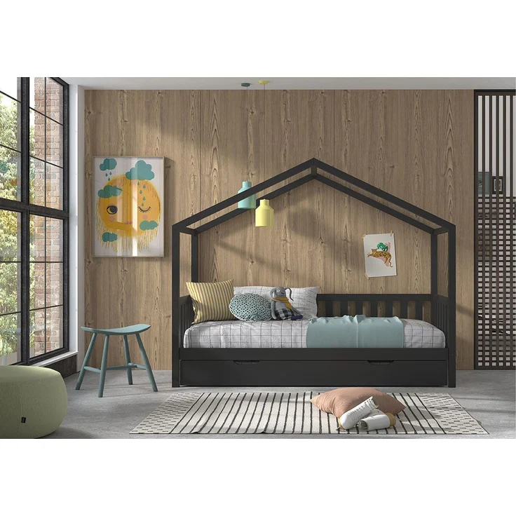 Hausbett Kapua 210x97x170 Kinderbett Massivholz Anthrazit – Bild 2