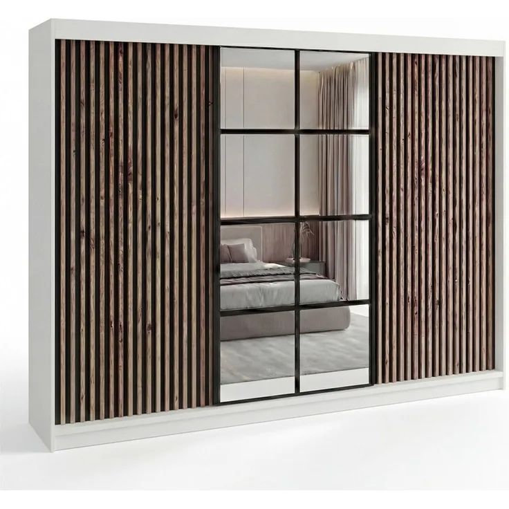 A&J MöbelLand 'NORIVO' Schwebetürenschrank, 200 cm, mit Spiegel und 3D-Lamellen, Weiß, Lamellen: Schwarz, Premium +