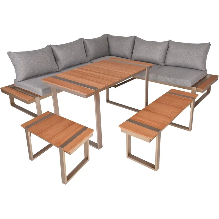 Lounge-Eckgruppe Aurea, 6-tlg. aus Alu, Edelstahloptik / Polyester / Non-Wood
