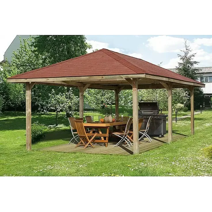 Weka Pavillon Gartenoase 651 B, 433 x 778 cm, mit rotem Dachschindeldach, Kiefernholz, kesseldruckimprägniert