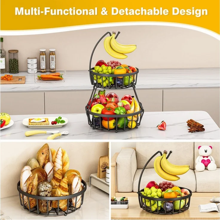 POPOLIC Obstschale 2-stöckiger Obstkorb aus Metall mit Bananenhaken, abnehmbar & belüftet – Bild 3