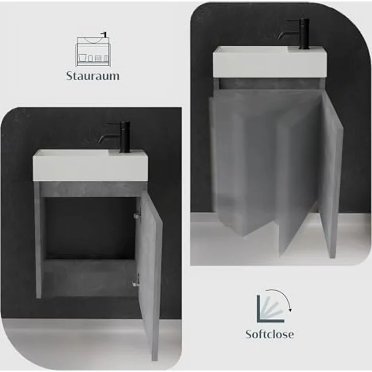 Alpenberger Badmöbel-Set Gäste WC Waschbecken mit Unterschrank - Badschrank Hängend, (Waschbeckenunterschrank mit Softclose, 2-tlg. Waschtisch Set Cement), Waschplätze für Kleine Bäder - Badschrank Hängend + Vormontiert – Bild 5
