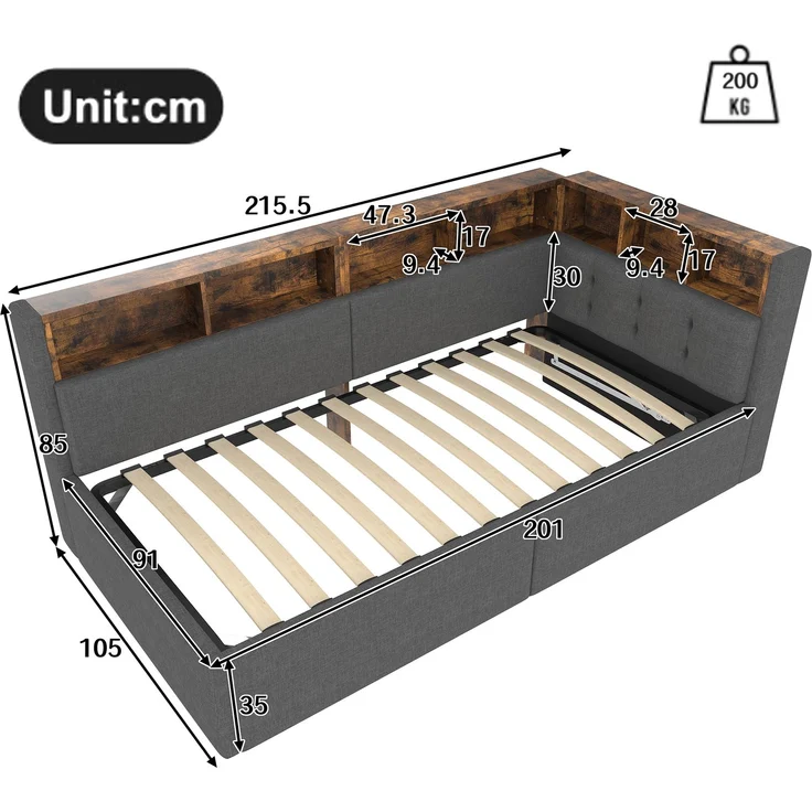 ZUBALIYA Schlafsofa / Tagesbett, mit hydraulische Aufbewahrungsfunktion und mehrfarbiger LED-Streifenbeleuchtung, 90 x 200 cm, Leinen, Grau, fürs Schlafzimmer, mit Stauraum, mit LED, Samt – Bild 10