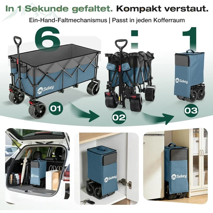 Sekey XXXL Verlängerter Bollerwagen Faltbar Handwagen mit Extra Breite 17x10 cm All-Terrain-Räder, 300L 200KG Belastbar, Blau – Bild 5