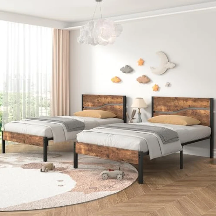 VECELO 2er Set Bettgestelle 90x200 cm, Einzelbetten mit Metall Lattenrost und massivem Holzkopfteil, stabil und geräuschlos, ideal als Gästebett und Jugendbett, Braun – Bild 3