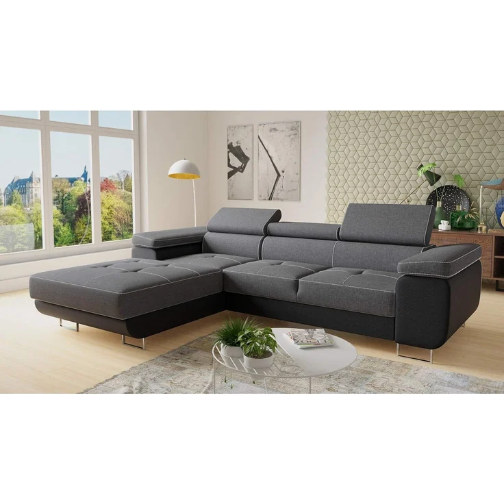 Ecksofa Divo mit Schlaffunktion, Bettkasten und einstellbare Kopfstützen (Schwarz + Dunkelgrau (Soft 011 + Sawana 05), Ecksofa Links) – Bild 2