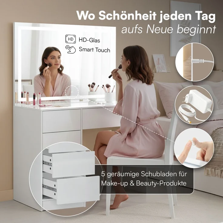 Bellamio 'Livny' Schminktisch mit Spiegel, LED-Beleuchtung, mit 5 Schubladen, beidseitig montierbar, weiß Hochglanz, 80x53x110 cm, LED-Beleuchtung mit mit 3 einstellbaren Lichtfarben – Bild 2
