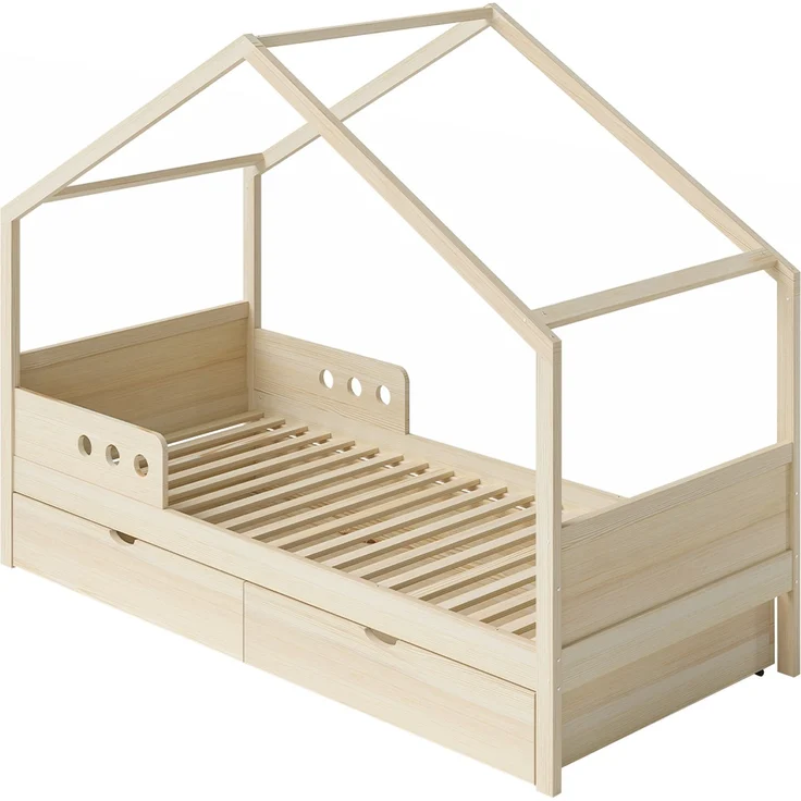 Bellabino 'Bela' Hausbett 90x200 cm mit großer Schublade, natur, Kiefer Massivholz, Montessori Kinderbett mit Stauraum, inkl. Rausfallschutz und Lattenrost – Bild 12