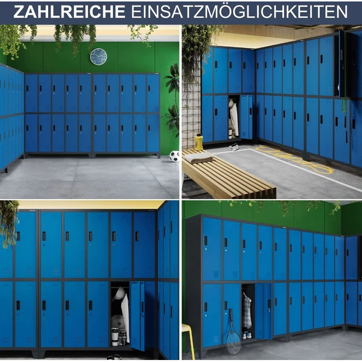 Umkleideschrank Spind BERLIN - 10 Abteile, Etikettenhalter Lüftungsschlitze | Umkleidespind Schließfachschrank Garderobenspind, 172x136x45cm Anthrazit-Blau – Bild 6