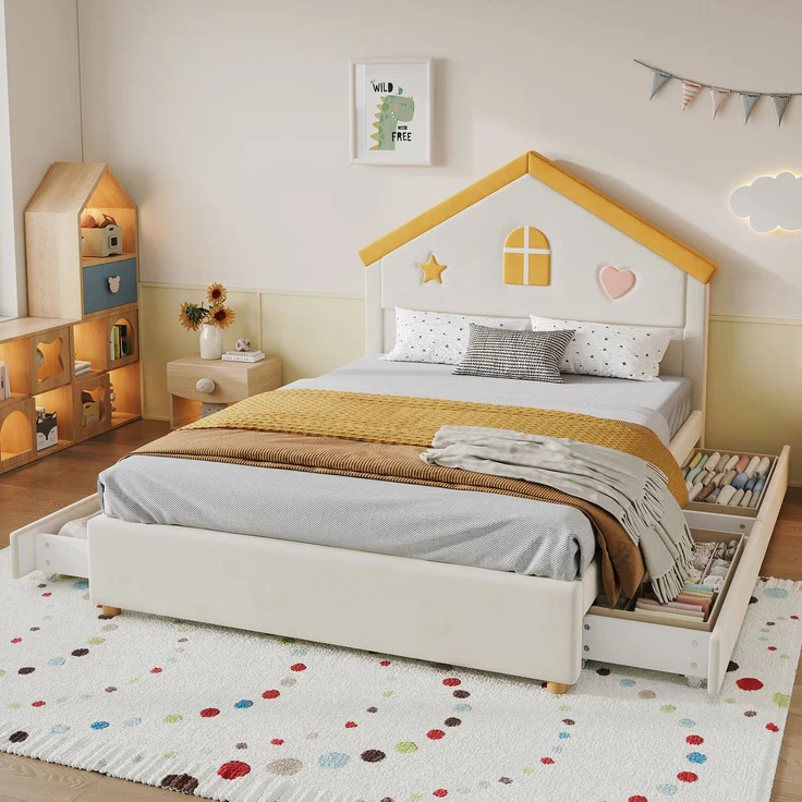 Merax Kinderbett, 140x200 cm, Polsterbett, mit 4 Schubladen, Stauraumbett, Jugendbett mit französischem Samt, gepolstertes Bett mit Haus-Kopfteil, Beige – Bild 1