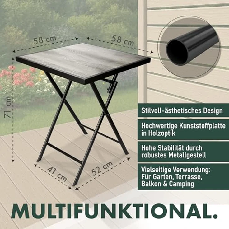 BRUBAKER Gartentisch Bergamo - 58 x 58 cm Balkontisch mit Holz Optik - Wetterfest (1-St, Klapptisch für Balkon, Terrasse - Bistrotisch), Metall Beistelltisch klappbar - Campingtisch eckig – Bild 7