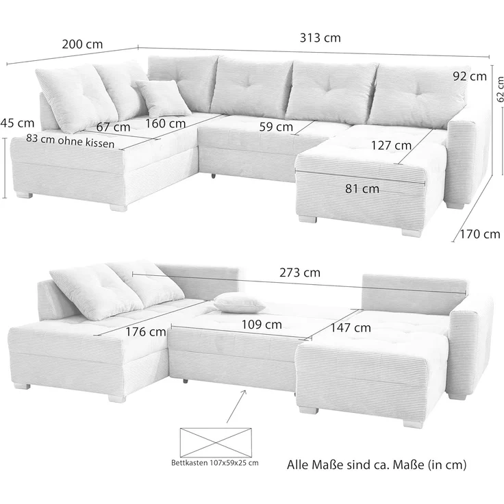 Wohnlandschaft U-Form Sofa groß Schlaffunktion Couch Bettkasten Cord Beige Grau – Bild 8