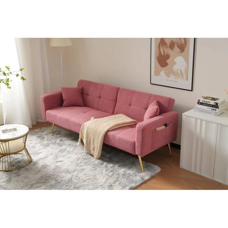 Wohnora-Schlafsofa mit Bettfunktion, verstellbarem Winkel, goldenen Beinen, mit Kissen und seitlichen Aufbewahrungstaschen,H 72cm x T 175cm x B 64cm,Rosa – Bild 3
