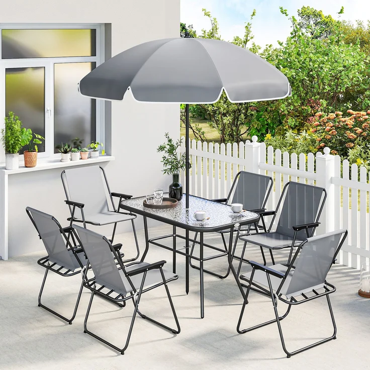 Gartenmöbel Set Sitzgruppe 119 x 68cm Glastisch mit 6 Klappstühlen Sonnenschirm Wasserwellenmuster Grau--Grau--70x68x119cm--YOUDENOVA – Bild 3
