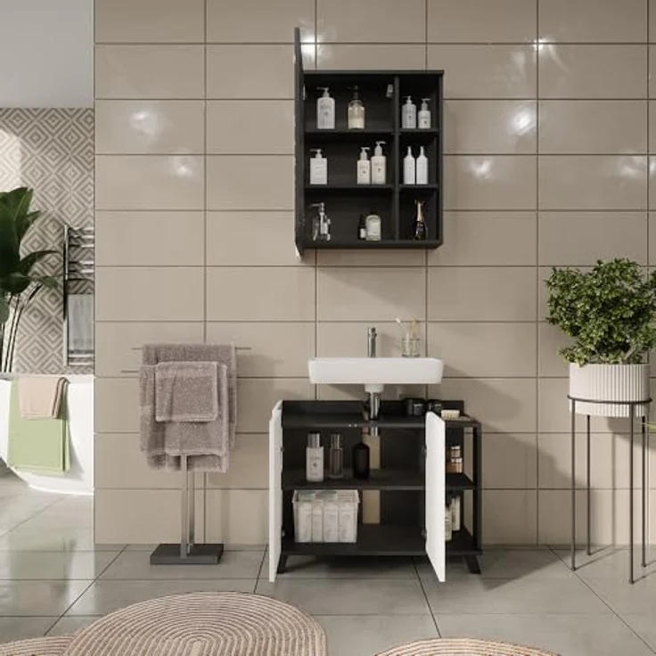 Vichy Badmöbel-Set Karen, Waschbeckenunterschrank und Spiegelschrank, Anthrazit/Weiss, 2 Teile – Bild 7