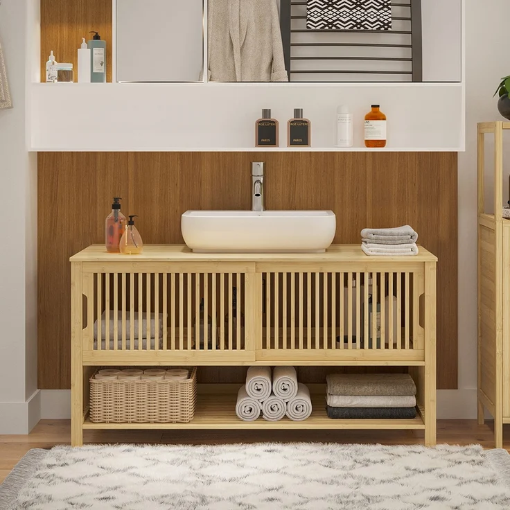 Bellamio 'Sava' Waschbeckenunterschrank, Bambus, natur, Badezimmerschrank mit 2 Ablagefächern und Schiebetüren – Bild 2