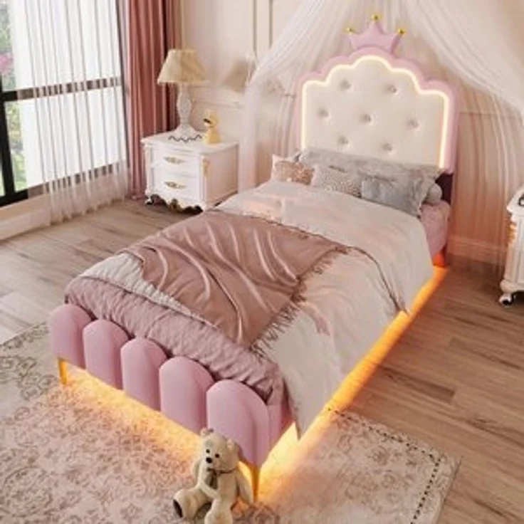 Flieks Polsterbett, LED Prinzessinnenbett Kinderbett 90x200cm mit Krone-Design-Kopfteil – Bild 6