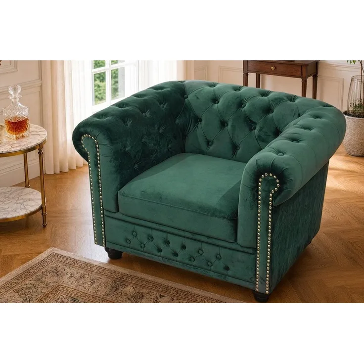 riess-ambiente Sessel CHESTERFIELD 110cm flaschengrün - Samt, m. Armlehne, Federkern, Nieten (Einzelartikel, 1-St), Gemütlicher Sitz mit Knopfheftung - ideal für Wohn- und Schlafzimmer