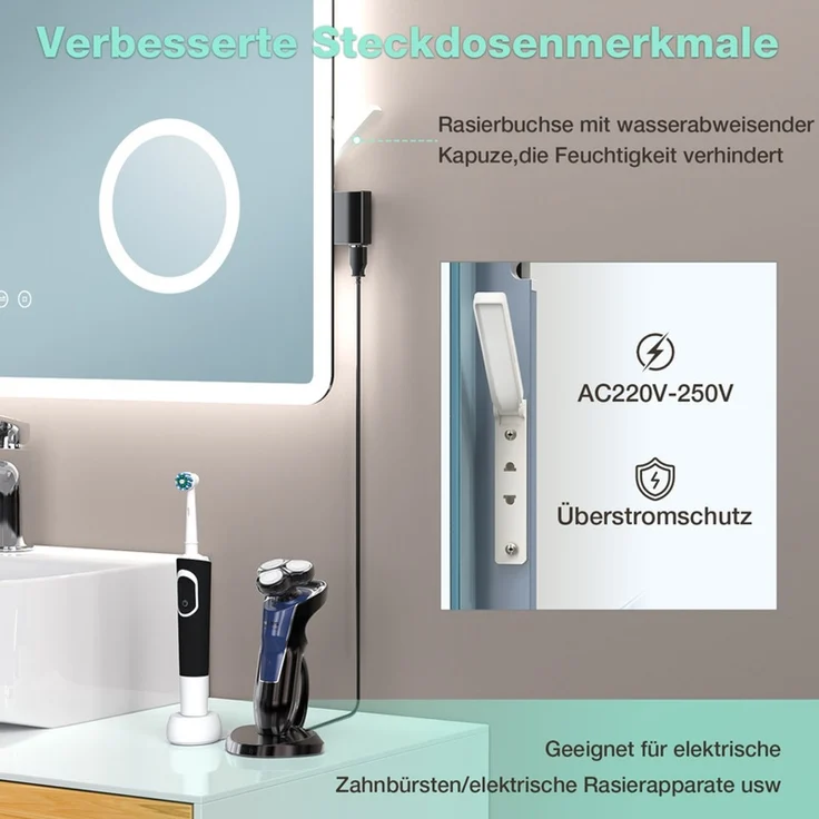 Gimbelen LED Badspiegel 80x60 cm, rechteckig, mit 3 Lichtfarben & Dimmfunktion, 3-fach Vergrößerung, Rasiersteckdose, Antibeschlag & Speicherfunktion, IP44, Silber – Bild 6